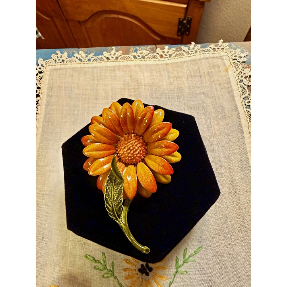 Vintage 1960s Enamel Flower Brooch Orange Yellow Daisy 3.5" Mod Flower Power Pin